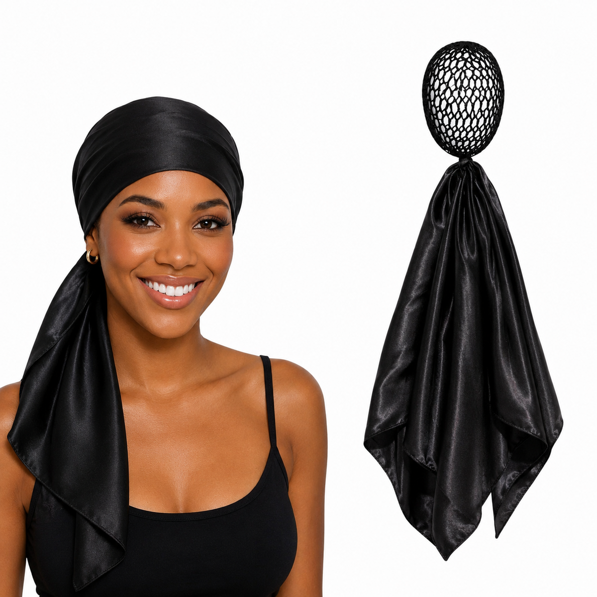 Black Doobie 2-in-1 Satin Hair Wrap & Attached Hair Net