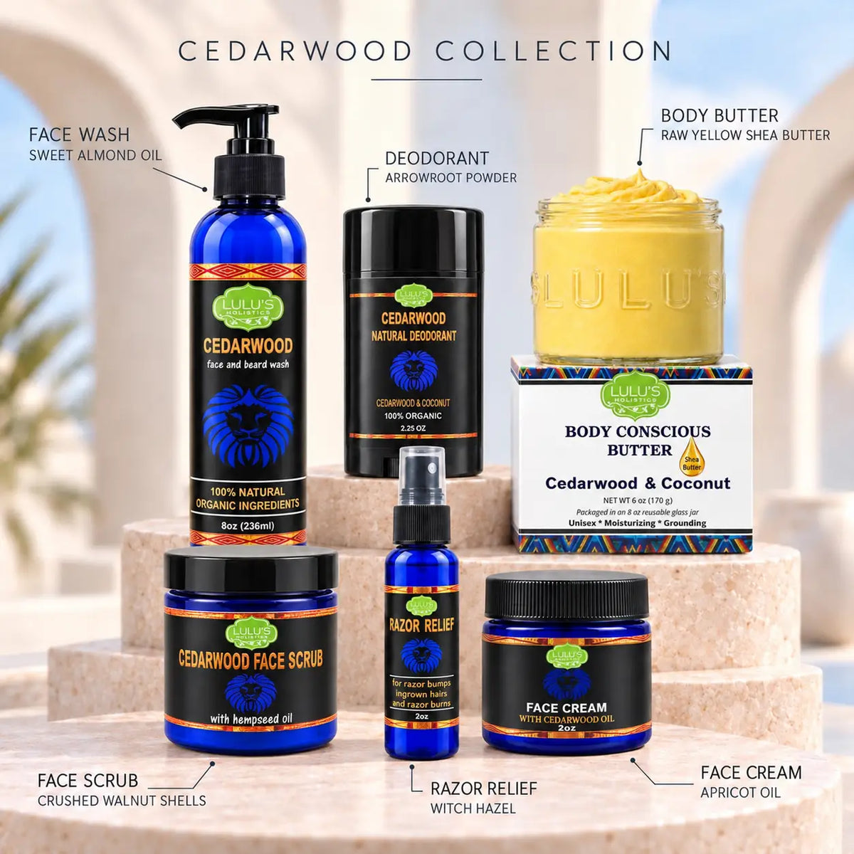Lulu's Holistics Men's Ultimate Cedarwood Face, Body & Grooming 6-Piece Complete System Routine Box