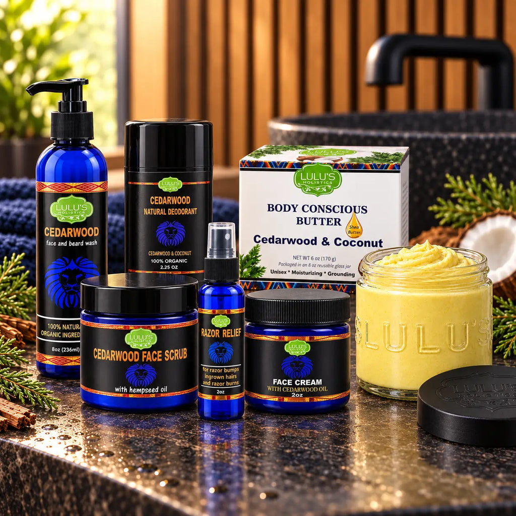 Lulu's Holistics Men's Ultimate Cedarwood Face, Body & Grooming 6-Piece Complete System Routine Box