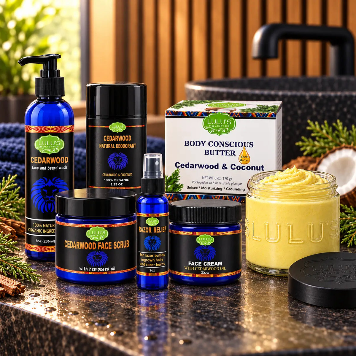 Lulu's Holistics Men's Ultimate Cedarwood Face, Body & Grooming 6-Piece Complete System Routine Box