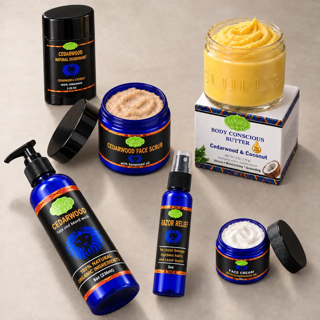 Lulu's Holistics Men's Ultimate Cedarwood Face, Body & Grooming 6-Piece Complete System Routine Box