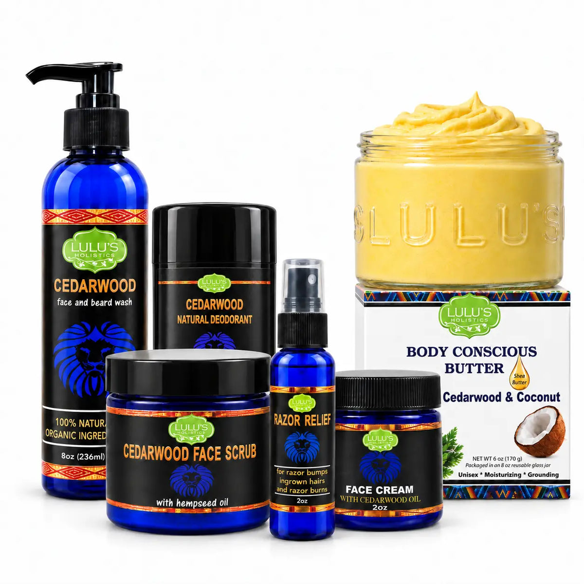 Lulu's Holistics Men's Ultimate Cedarwood Face, Body & Grooming 6-Piece Complete System Routine Box